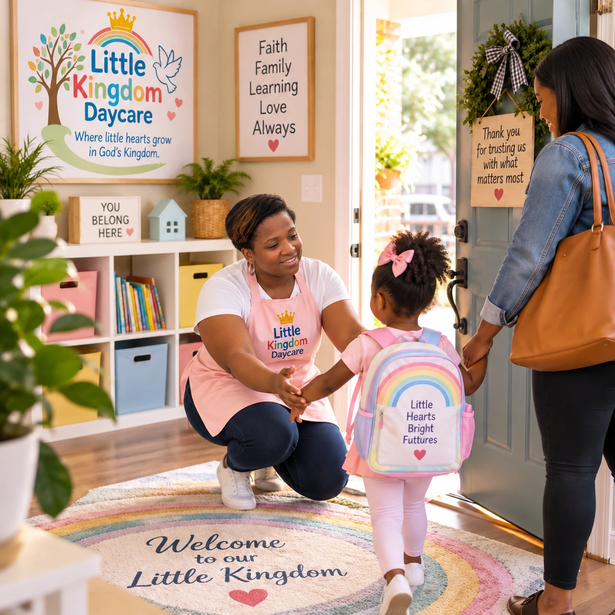 Illustration of a caregiver welcoming a parent and child to Little Kingdom